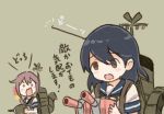  2girls ahoge akebono_(kantai_collection) bell black_hair brown_eyes comic commentary_request flower hair_bell hair_between_eyes hair_flower hair_ornament holding holding_weapon kantai_collection long_hair multiple_girls open_mouth otoufu purple_hair rigging school_uniform serafuku short_sleeves side_ponytail surprised translation_request ushio_(kantai_collection) weapon 