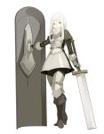  1girl armor boots brown_footwear commentary_request covered_face gauntlets greaves holding holding_shield holding_sword holding_weapon juliet_sleeves keemu_(occhoko-cho) long_hair long_sleeves looking_at_viewer original plate_armor puffy_sleeves shield solo sword weapon white_hair yellow_eyes 