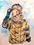  1boy akagami_no_shirayukihime akira_(6093704) arm_at_side artist_name black_hair blue_sky brown_eyes clouds dirty gloves hand_up headband looking_to_the_side male_focus obi_(akagami_no_shirayukihime) outdoors sky solo traditional_media upper_body 