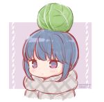  1girl blue_hair blush cabbage closed_mouth commentary_request eyebrows_visible_through_hair hair_bun idu_michito shawl shima_rin solo twitter_username upper_body violet_eyes yurucamp 