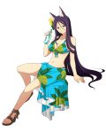  1girl animal_ears arm_support bikini blue_bikini bottle breasts chair cleavage collarbone eyebrows_visible_through_hair flower fox_ears full_body hair_between_eyes hair_flower hair_ornament holding holding_bottle large_breasts log_horizon long_hair looking_at_viewer navel nazuna_(log_horizon) official_art orange_eyes purple_hair ramune sarong sitting smile solo swimsuit transparent_background very_long_hair yellow_flower 