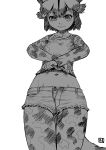  1girl african_wild_dog_(kemono_friends) african_wild_dog_ears african_wild_dog_print african_wild_dog_tail animal_ears closed_mouth collarbone cowboy_shot cutoffs denim denim_shorts eyebrows_visible_through_hair greyscale highres kemono_friends kishida_shiki lifted_by_self long_sleeves looking_down monochrome navel open_clothes open_fly open_shorts pantyhose pantyhose_under_shorts print_legwear print_shirt shirt shirt_lift short_hair short_shorts shorts simple_background solo stomach tail thigh_gap unbuttoned unzipped white_background zipper 