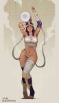 1girl alternate_costume artist_name bandage bracelet breasts crystal_ball feet fingerless_gloves full_body gloves green_eyes jewelry looking_at_viewer menat navel parted_lips purple_hair quasimodox revision solo standing stomach street_fighter street_fighter_v thigh-highs tiara toeless_legwear toes 