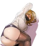 1girl ass blonde_hair blush bow_(bhp) breasts eyebrows_visible_through_hair from_behind gag gagged grey_shirt hair_between_eyes huge_breasts original panties pantyhose pantyhose_pull purple_panties restrained shirt simple_background sketch solo underwear white_background