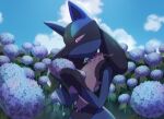  closed_mouth clouds commentary_request day gen_4_pokemon highres holding lucario outdoors pokemon pokemon_(creature) sky smile solo spikes yukifuri_tsuyu 