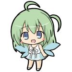  1girl ahoge bangs bare_arms bare_shoulders blue_eyes chibi commentary_request eyebrows_visible_through_hair fairy_wings full_body green_hair hair_between_eyes long_hair looking_at_viewer one_side_up original rinechun shirt skirt skirt_set sleeveless sleeveless_shirt solo standing transparent transparent_wings very_long_hair white_footwear white_shirt white_skirt wings 