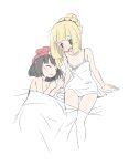  2girls absurdres beanie black_hair blonde_hair blush braid closed_eyes female green_eyes hair_bun hat highres lillie_(pokemon) long_hair looking_at_another lying mizuki_(pokemon_sm) multiple_girls nagitaro nightgown nude open_mouth pokemon pokemon_(game) pokemon_sm red_hat short_hair sitting sketch sleeping sweatdrop yuri 