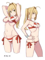  ahoge bikini bracelet fate/grand_order fate_(series) green_eyes jewelry michihasu nero_claudius_(fate) nero_claudius_(fate)_(all) nero_claudius_(swimsuit_caster)_(fate) red_bikini side-tie_bikini striped striped_bikini swimsuit twintails 