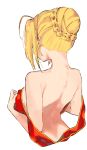  1girl ahoge arched_back back braid breasts facing_away fate/extra fate/extra_ccc fate_(series) frills hair_bun hand_on_own_chest highres kei_(soundcross) medium_breasts nape nero_claudius_(fate) nero_claudius_(fate)_(all) nude shawl sideboob simple_background solo upper_body white_background 