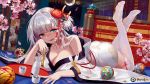  1girl :d alcohol azur_lane ball bangs bed bed_frame bed_sheet blinds blunt_bangs blush breasts choko_(cup) cleavage collarbone copyright_name crescent_moon cup drunk eyebrows_visible_through_hair eyeshadow flower foreshortening hair_flower hair_ornament indoors japanese_clothes kimono large_breasts legs_up long_hair looking_at_viewer lying makeup moon night night_sky no_shoes nose_blush off_shoulder on_bed on_stomach open_mouth petals pink_flower revision ribbon-trimmed_legwear ribbon_trim sake shiny shiny_hair shoukaku_(azur_lane) silver_hair single_bare_shoulder sky smile solo sweat tassel temari_ball thigh-highs tokkuri tray white_kimono white_legwear wind_chime window zettai_ryouiki zjsstc 