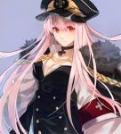  1girl artist_request blush breasts cleavage closed_mouth eyebrows_visible_through_hair fur_trim girls_frontline hair_between_eyes hat iron_cross kar98k_(girls_frontline) large_breasts long_hair looking_at_viewer peaked_cap pink_hair red_eyes solo upper_body very_long_hair 