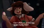  1girl :d animal_ears brown_hair buck_teeth commentary dress easter_egg egg english eyebrows_visible_through_hair frank_reynolds holding inaba_tewi it&#039;s_always_sunny_in_philadelphia jewelry kia_(rnarch-hare) lowres meme necklace open_mouth pink_dress rabbit_ears red_eyes sitting smile solo subtitled teeth touhou 