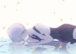  androgynous cairngorm_(houseki_no_kuni) closed_eyes different_reflection gem_uniform_(houseki_no_kuni) ghost_quartz_(houseki_no_kuni) grey_eyes grey_eyes grey_hair hair_over_one_eye houseki_no_kuni looking_at_viewer lying lying_on_water nallck_6v6_(nothy-nn) necktie on_side petals reflection short_hair spoilers suspenders water white_eyes white_hair 