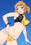  1girl :d absurdres bare_shoulders bikini black_bikini blue_background blue_eyes blush bracelet breasts brown_hair erect_nipples gluteal_fold groin gundam gundam_build_fighters gundam_build_fighters_try hair_ornament hair_scrunchie highres hoshino_fumina impossible_clothes impossible_swimsuit jewelry looking_at_viewer looking_down navel niko_(tama) open_mouth ponytail scrunchie shiny shiny_hair short_ponytail smile solo swimsuit two-tone_bikini unaligned_breasts water_drop wet yellow_bikini 