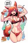  2017 :d abs animal_ears bangs bikini blue_eyes bracelet breasts brown_bikini brown_hair canine commentary_request flexing jewelry korean long_hair medium_breasts one_eye_closed open_mouth original pose psychicjin smile swept_bangs swimsuit tail translation_request 