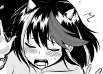  1girl arm_up bangs blush closed_eyes commentary_request drooling eyebrows_visible_through_hair fangs greyscale himajin_noizu horns kijin_seija monochrome multicolored_hair open_mouth saliva short_hair simple_background solo_focus streaked_hair sweat touhou white_background 