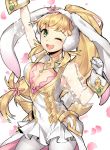  1girl ;d animal_ears arm_up blonde_hair blush braid breasts bunny_girl bunny_tail cleavage cleavage_cutout earmuffs fire_emblem fire_emblem_heroes gebyy-terar gloves green_eyes long_hair looking_at_viewer medium_breasts one_eye_closed open_mouth pantyhose polka_dot rabbit_ears see-through sharena simple_background smile solo tail unaligned_breasts white_background white_gloves white_legwear wrist_cuffs 