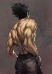  1boy asutora black_hair black_pants brown_background commentary_request copyright_request cowboy_shot facing_away from_behind hands_in_pockets male_focus muscle pants shirtless solo standing 