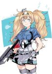  1girl blonde_hair blue_background blue_eyes blue_shirt breast_pocket character_name collared_shirt cowboy_shot gambier_bay_(kantai_collection) gloves gun hair_between_eyes hairband hand_on_hip kantai_collection long_hair looking_to_the_side pocket shirt shorts smile solo sorobo sparkle thigh-highs twintails two-tone_background weapon white_background white_legwear 