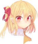  1girl aoi_(annbi) ascot bangs blonde_hair closed_mouth eyebrows_visible_through_hair face flandre_scarlet frills from_side hair_ribbon highres long_hair looking_at_viewer looking_to_the_side no_hat no_headwear one_side_up pointy_ears portrait red_eyes red_ribbon ribbon shiny shiny_hair sidelocks simple_background solo tareme touhou upper_body white_background yellow_neckwear 