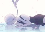  androgynous cairngorm_(houseki_no_kuni) closed_eyes colored_eyelashes different_reflection gem_uniform_(houseki_no_kuni) ghost_quartz_(houseki_no_kuni) grey_eyes grey_eyes grey_hair hair_over_one_eye houseki_no_kuni lying lying_on_water nallck_6v6_(nothy-nn) necktie on_side out_of_frame petals reflection short_hair silver_hair spoilers suspenders tsuki_jin water white_eyes white_hair 
