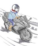  1girl blue_pants boots closed_mouth coat commentary_request driving gloves ground_vehicle helmet ishii_hisao jitome motor_vehicle motorcycle motorcycle_helmet pants shima_rin sitting sketch solo yurucamp 