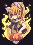  1girl absurdres angelica_(k3lly) animal_ears artist_name bangs black_background black_bow book bow closed_mouth fire highres holding holding_book looking_at_viewer orange_hair pokemon ponyta puffy_shorts red_eyes shorts simple_background solo suspenders tagme 