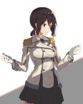  1girl alternate_costume bangs black_hair brown_hair collared_shirt cosplay double-breasted epaulettes eyebrows_visible_through_hair fubuki_(kantai_collection) gloves hair_tie hands_up jacket kantai_collection katori_(kantai_collection) katori_(kantai_collection)_(cosplay) military military_uniform miniskirt necktie open_mouth oweee pantyhose pleated_skirt ponytail shirt short_hair short_ponytail sidelocks skirt solo surprised uniform white_gloves 