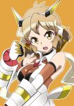  1girl bare_shoulders bodysuit brown_eyes clenched_hand commentary_request hair_ornament hairclip headgear highres kagari_leroy looking_at_viewer open_mouth orange_background senki_zesshou_symphogear short_hair simple_background solo tachibana_hibiki_(symphogear) 