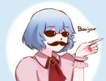  1girl ascot bangs blue_hair brooch eyebrows_visible_through_hair facial_hair fake_facial_hair fake_mustache french gradient gradient_background gradient_hair jewelry mugo_(mugokii) multicolored_hair mustache pointing pointing_finger portrait red_neckwear remilia_scarlet short_hair solo sunglasses touhou wrist_cuffs 
