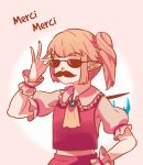  1girl ascot bangs blonde_hair brooch collar eyebrows_visible_through_hair facial_hair fake_facial_hair fake_mustache flandre_scarlet french frilled_collar frilled_sleeves frills gradient gradient_background highres jewelry mustache pointy_ears red_vest shirt short_hair short_ponytail side_ponytail solo standing sunglasses touhou upper_body vest white_shirt wings wrist_cuffs yoruny 