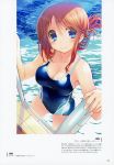  1girl absurdres amazuyu_tatsuki bangs bare_shoulders blue_eyes blush breasts brown_eyes collarbone covered_navel eyebrows_visible_through_hair highres komaki_manaka looking_at_viewer medium_breasts one-piece_swimsuit pool_ladder scan smile solo swimsuit to_heart_2 water 