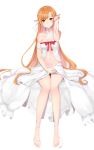  1girl absurdres asuna_(sao) bangs bare_legs barefoot blonde_hair blush braid breasts brown_eyes chu_(huaha1320) dress eyebrows_visible_through_hair half_updo hand_up highres long_hair looking_at_viewer medium_breasts navel parted_lips pointy_ears simple_background sitting solo sword_art_online very_long_hair white_background white_dress 