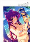  1girl absurdres amazuyu_tatsuki bangs beach bikini breasts brown_eyes cleavage collarbone day eyebrows_visible_through_hair highres holding hose long_hair looking_at_viewer medium_breasts navel outdoors parted_lips redhead scan solo swimsuit water white_bikini 