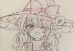  1girl blush bow graphite_(medium) greyscale grin hat hat_bow kirisame_marisa long_hair looking_at_viewer monochrome one_eye_closed sketch smile solo spoken_star star touhou traditional_media turtleneck wavy_hair witch_hat yururi_nano 