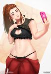  1girl breasts brigitte_(overwatch) brown_eyes brown_hair cat_cutout cat_lingerie cellphone cellphone_camera cleavage cleavage_cutout curvy koshio long_hair medium_breasts meme_attire navel overalls overalls_removed overwatch phone self_shot shirt_lift skindentation smartphone smile solo stomach toned torn_clothes torn_sleeves underwear wide_hips 