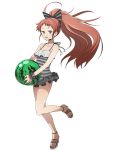 1girl :d black_bow bow breasts brown_eyes brown_hair casual_one-piece_swimsuit cleavage collarbone floating_hair food fruit full_body hair_bow high_heels holding holding_food isami_(log_horizon) log_horizon long_hair looking_at_viewer official_art one-piece_swimsuit one_leg_raised open_mouth polka_dot polka_dot_bow polka_dot_swimsuit small_breasts smile solo standing standing_on_one_leg striped striped_swimsuit swimsuit transparent_background very_long_hair watermelon 