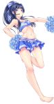  1girl :/ armpits bangs bare_arms bare_legs bare_shoulders barefoot black_hair blue_bow blue_eyes blue_skirt blue_tubetop blunt_bangs bow breasts cheerleader eyebrows_visible_through_hair frilled_skirt frills frown groin hair_bow hair_intakes hand_on_hip highres horizontal_stripes idolmaster idolmaster_million_live! leg_up legs long_hair looking_at_viewer looking_to_the_side microphone miniskirt mogami_shizuka mogemoge00 navel outstretched_arm pleated_skirt pom_poms ponytail sidelocks simple_background skirt small_breasts solo standing standing_on_one_leg star stomach strapless striped striped_bow striped_skirt tubetop vertical_stripes white_background 