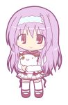  1girl amaha_miu animal animal_hug bangs blush brown_footwear brown_ribbon chibi closed_mouth commentary_request cute eyebrows_visible_through_hair full_body hair_between_eyes juliet_sleeves long_hair long_sleeves looking_at_viewer mashiroiro_symphony moe pleated_skirt puffy_sleeves purple_hair red_eyes ribbon rinechun school_uniform shirt simple_background skirt smile solo standing striped striped_hairband thigh-highs very_long_hair white_background white_legwear white_shirt white_skirt 