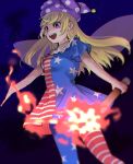  1girl american_flag american_flag_dress american_flag_legwear bangs blonde_hair clownpiece dress fairy fairy_wings frilled_shirt_collar frills hat holding iirodo jester_cap leggings long_hair neck_ruff night night_sky open_mouth outdoors pantyhose pink_eyes polka_dot print_legwear short_dress short_sleeves sky smile solo star star_print striped torch touhou very_long_hair wings 