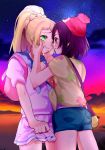  2girls ankea_(a-ramo-do) backpack bag beanie black_hair blonde_hair clouds crying crying_with_eyes_open eye_contact face-to-face forced_smile green_eyes green_shorts handbag hands_on_another&#039;s_face hat lillie_(pokemon) long_hair looking_at_another mizuki_(pokemon_sm) multiple_girls pokemon pokemon_(game) pokemon_sm ponytail red_hat shirt short_hair short_sleeves shorts skirt sky star_(sky) starry_sky tears tied_shirt white_shirt white_skirt 
