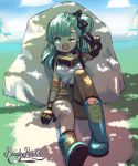  1girl angelica_(k3lly) aqua_hair arm_at_side arm_up artist_name bandaid bandaid_on_face bandaid_on_leg bangs belt black_bow black_gloves blue_footwear blush boots bow breasts brown_pants bulma clouds dappled_sunlight day dirt dragon_ball full_body gloves goggles goggles_around_neck grass hair_bow highres long_hair on_ground one_eye_closed open_mouth outdoors pants parted_lips shirt sitting small_breasts solo sunlight v white_shirt 