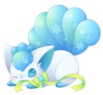  :3 ;3 alola_form alolan_vulpix blue_eyes blush bow full_body gen_7_pokemon green_bow looking_at_viewer lowres lying multiple_tails no_humans on_stomach pokemon pokemon_(creature) simple_background snowflakes tail ten&#039;on_(amane09) white_background 