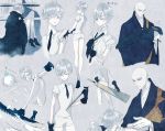  1boy androgynous antarcticite bald blue_eyes blush closed_eyes colored_eyelashes eyes_visible_through_hair gem_uniform_(houseki_no_kuni) gloves hair_over_one_eye high_heels holding_person houseki_no_kuni japanese_clothes k22968982 kesa kongou_sensei necktie phosphophyllite short_hair silver_hair snowball surfing sword weapon wet wet_hair white_hair 