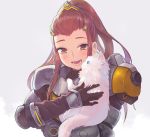  0910popo 1girl armor blue_eyes blush brigitte_(overwatch) cat fur gloves hair_ornament half-closed_eyes happy looking_at_another on_shoulder open_mouth overwatch ponytail portrait smile 