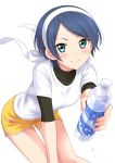  1girl blue_eyes blue_hair blush bottle closed_mouth commentary_request copyright_request eyebrows_visible_through_hair hair_ribbon hairband highres holding leaning_forward looking_at_viewer ribbon sekina shirt short_sleeves shorts simple_background smile solo water_bottle white_background white_ribbon white_shirt yellow_shorts 