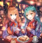  2girls :d ascot bangs blush bow bowtie brown_hair cake character_request cup food fork green_eyes green_hair hair_ornament hairclip holding indoors kantai_collection light_particles long_hair long_sleeves multiple_girls open_mouth orange_neckwear rioka_(southern_blue_sky) shirt smile suzuya_(kantai_collection) tray vest 