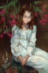  1girl blurry blurry_foreground branch brown_hair closed_eyes closed_mouth commentary depth_of_field doll dress hands_clasped highres light_smile litra_(ltr0312) long_hair long_sleeves original own_hands_together sitting solo white_dress 