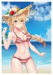  1girl beach bikini blonde_hair braid breasts closed_mouth day elf flower french_braid green_eyes hat hat_flower highres hzhc large_breasts long_hair looking_at_viewer navel ocean original outdoors pointy_ears single_braid sky smile solo straw_hat striped striped_bikini swimsuit very_long_hair 