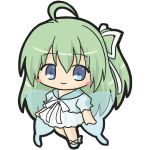  1girl ahoge bangs blue_eyes blue_footwear blue_shirt blush_stickers chibi closed_mouth commentary_request dress eyebrows_visible_through_hair fairy fairy_wings full_body green_hair hair_between_eyes hair_ribbon long_hair looking_at_viewer one_side_up original puffy_short_sleeves puffy_sleeves ribbon rinechun shirt short_sleeves simple_background smile solo transparent transparent_wings very_long_hair white_background white_dress white_ribbon wings 